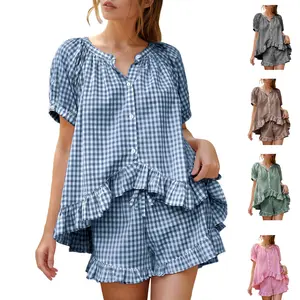 SCUSTY Womens Gingham Pajamas Set 2 Piece Cotton Pj Lounge Sets Vacation Casual Summer Babydoll Sleepwear Outfits