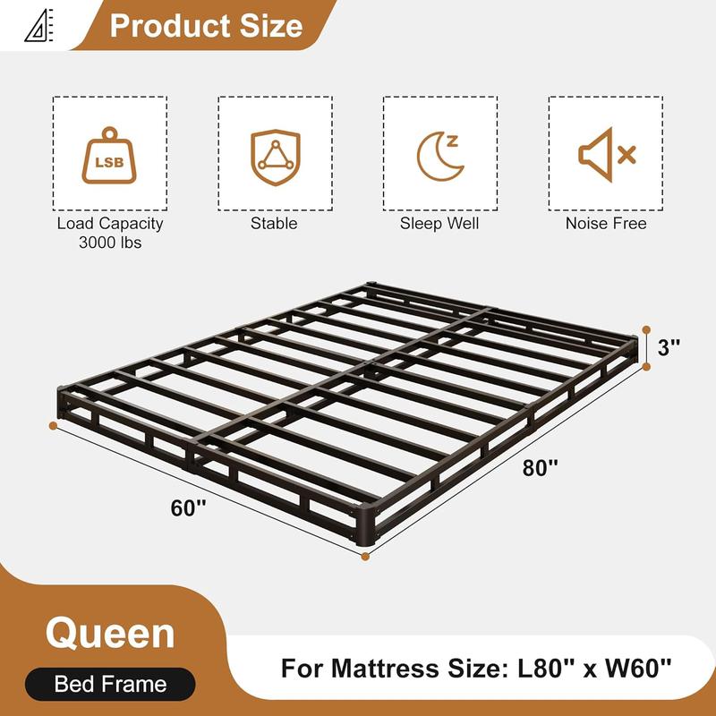 3 Inch Queen Box Spring Low, Box Spring for Queen Bed Base with Fabric Cover, Mattress Foundation, Noise Free, Assembly