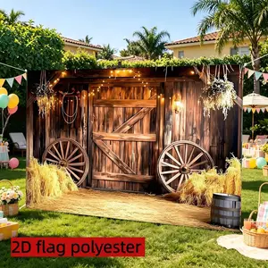 2D flat 1pc Western Cowboy Barn Background Fabric Retro Log Cabin Wagon Wheel Background Suitable for Country Theme Party, Western Cowboy Festival, Multiple Sizes Available, Polyester Material