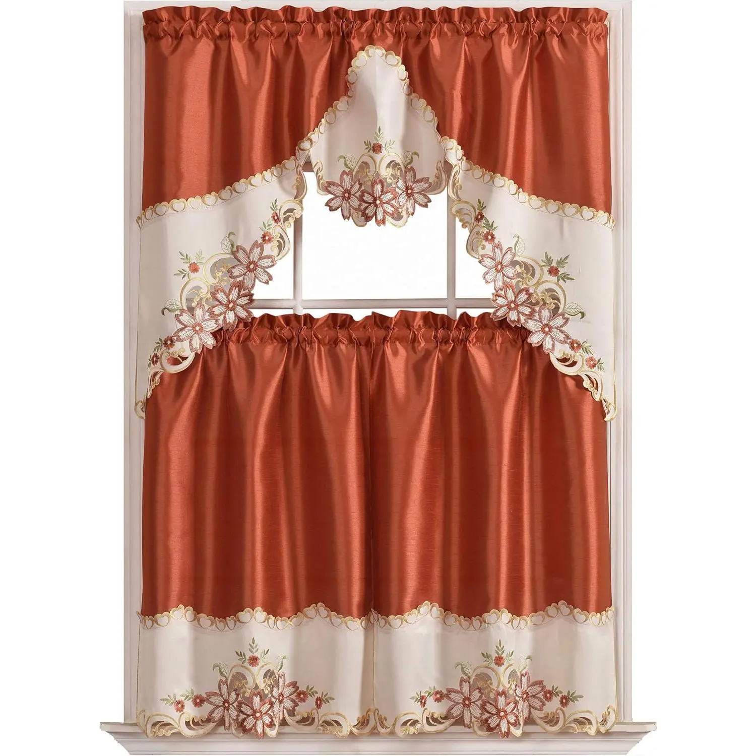 Arch Floral Kitchen Curtain Set/Swag Valance & Tier Set. Nice Matching Color Floral Embroidery on Border with cutworks (Rust)