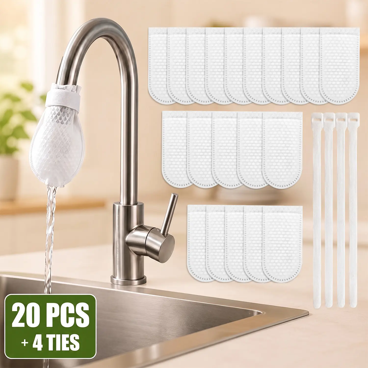 20PCS Faucet Filter Bags, Disposable Cotton Faucet Filter Bags with 4 Ties, Universal Anti-Splash Tap Water Filter, High Density Non-Woven Faucet Filter Bag for Kitchen Bathroom Sink
