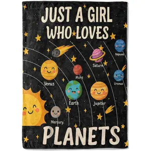 Just a Girl Who Loves Planets Fleece Blanket,50x60in,Cute Kawaii Solar System Labeled Planet Star Sun Throw Blankets,Soft Cozy Lightweight, Ideal for Galaxy Bed Living Room Home Decor,Gifts