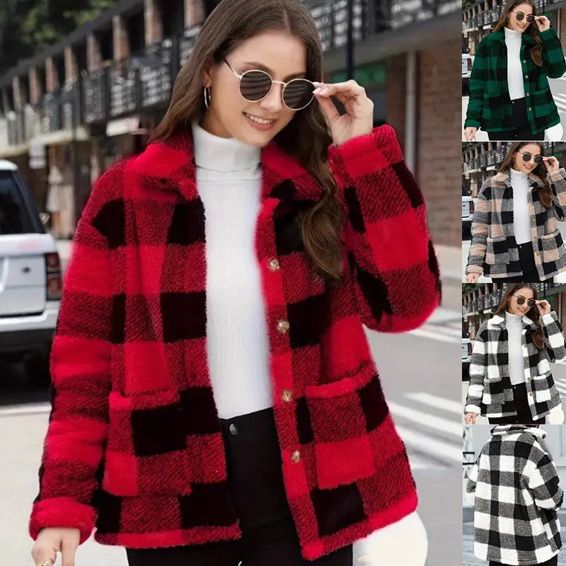 Women's Plaid Fleece Jacket – Cozy Button-Up Fall & Winter Coat