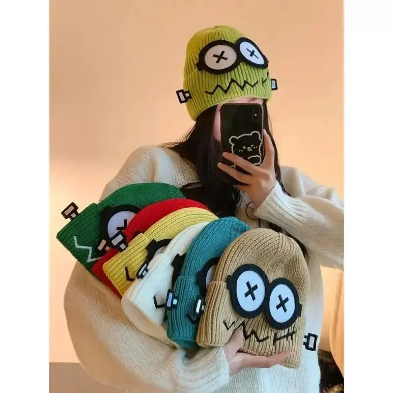 Women's Cute Cartoon Beanie Hat, Korean Style Big Eyes Grimace Character Knit Hat, Y2K Aesthetic Winter Warm Foldable Cap for Christmas Cosplay Parties & Daily Wear