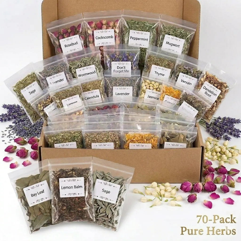 70-Pack Dried Flowers & Dried Herbs Kit - Essential for New & Beginner Witches, Candle Making DIY Projects, Purity and Intention Sacred Altar Supplies