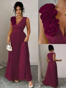Plus Size Women's Wine Floral One-Shoulder V Neck Midi Pleats Dress, Elegant Slimming Party Gown, Wedding Bridesmaid Dress
