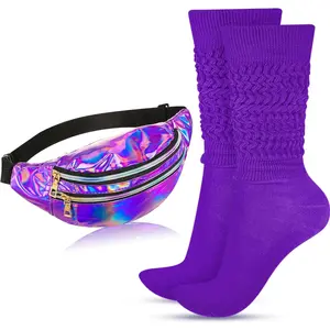 80s Neon Women Socks Holographic Fanny Pack Slouch Long Scrunch Sock  Bag for 80s 90s Halloween Costume
