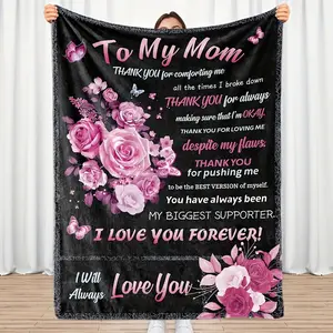 Retro Vintage Faded Resistant Flannel Blanket - 280GSM, Soft, Warm, Pink Roses & Butterflies Design with Heartfelt Message - Perfect Gift for Mom, Sofa & Bed - All Seasons Textile Throw