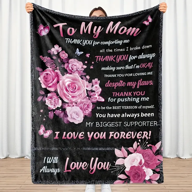 Retro Vintage Fade-Resistant Flannel Blanket - 280GSM, Soft, Warm, Floral Pink Roses & Butterflies Design with Heartfelt Message, Wrinkle Resistant, Durable, Machine Washable - Ideal Gift for Mom, Sofa Use