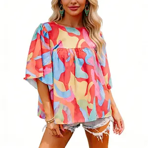 Asvivid Women's Abstract Pattern Loose Fit Round Neck Casual Blouse Sweet Shirts Top Womenswear Summer Cute Tops