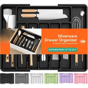 [New Deal] Large Silverware Organizer,Expandable Utensil Drawer Organizer,BPA Free Utensil Holder,Adjustable Silverware Tray Cutlery Drawer Organizer for Kitchen Flatware,Large,Black (6-8 Slots)