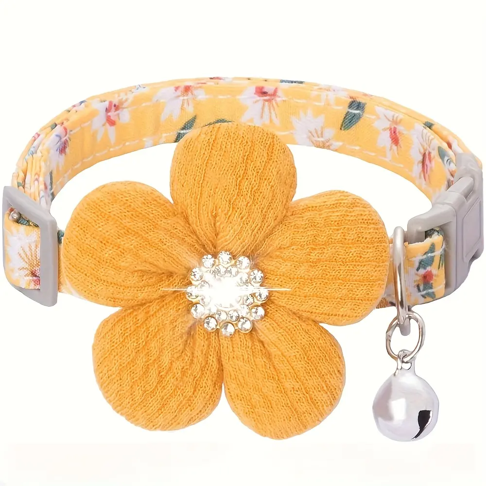 Floral Dog Collar with 3D Flower Charm and Detachable Bells - Suitable for Small Dogs, Poodle and Cats, Soft Adjustable Polyester Pet Collar with Pink-White Floral Pattern, Cute Pet Accessory