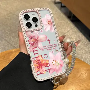 Psalms 46:5 Floral Lily Rhinestone Phone Case for iPhone 17Pro Max Air 16Plus 15 14 13 12 11 cases, Double-sided diamond-encrusted 3-in-1 design, Crystal Edge + Pearl Chain, Shockproof Drop, Protective Silicone Cover, Gift for Girls.JL97