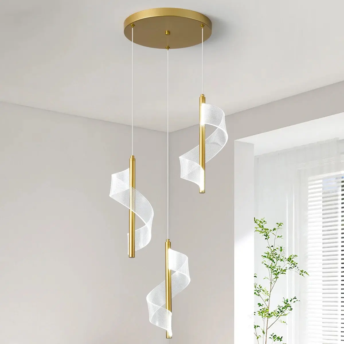 Garwarm Spiral Led Pendant Light Fixtures, 6000K  Modern Led Gold Cluster Pendant Light, Adjustable Height, Lights Fixtures for Kitchen, Island, Dining Room, Bedroom,Staircase