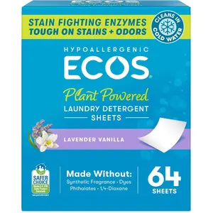 ECOS Laundry Detergent Sheets Vegan, No Jug, No Mess, Liquid Free - Hypoallergenic, Plant Powered Laundry Detergent Sheet - Lavender Vanilla - 64 Count (Pack of 1)