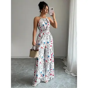 Women's Elegant Sleeveless Long Jumpsuit, Chic Halter Neck Design for Summer Comfort, Lightweight and Breathable Fabric for Vacation and Everyday Wear