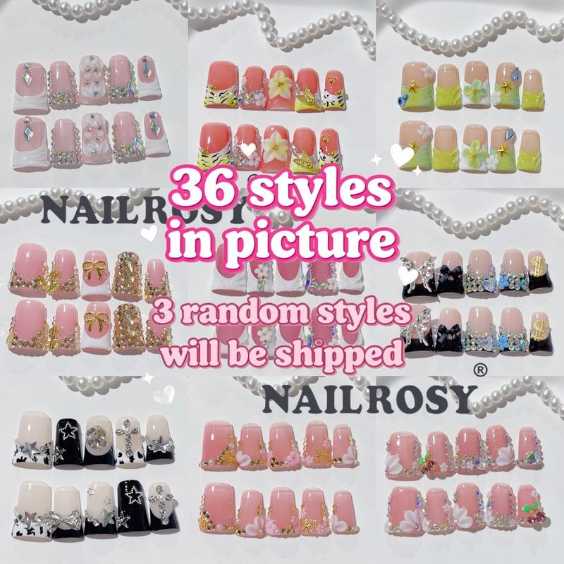 30pcs Mystery Box Handmade Press on Nails, 3D Floral Short Duck Design,Rhinestone French Shimmery Finish, Perfect for Weddings & Parties Christmas Halloween, Handmade Reusable Nails