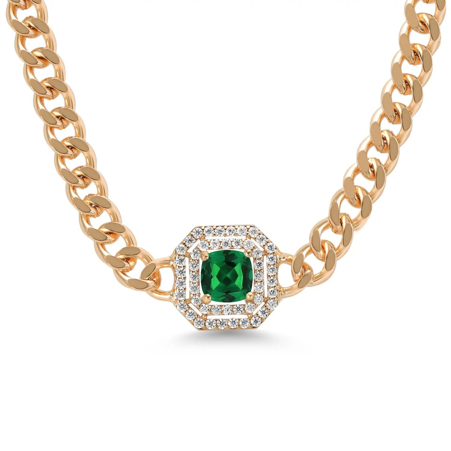 14K Gold Plated Green Nano Emerald and Moissanite Cuban Curb Link Chain Pendant Necklace For Women | 1.24 cttw | Cushion 6MM | 16 Inch Chain + 2 Inch Extender