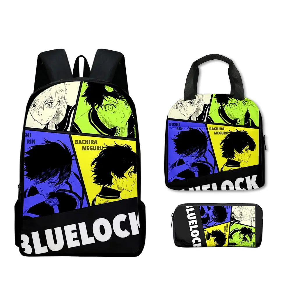 Anime Blue Lock Graphic 3-Piece Backpack Set, Casual Daypack with Lunch Bag & Pencil Case for Students, Manga Print School & Travel Rucksack Kit