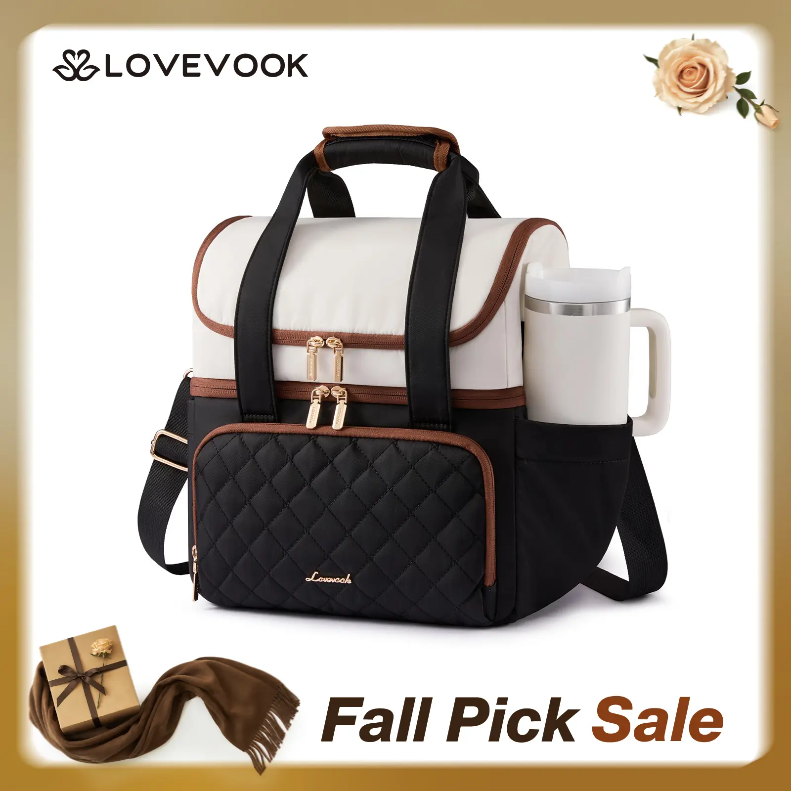 LOVEVOOK Insulated Lunch Bag For Women,Large Double Deck Adult Lunch Box,Teacher Lunch Tote Bag With Cup Holder,Leakproof Cooler Bag With Adjustable Shoulder Strap For Work Picnic Beach,Larger 15L