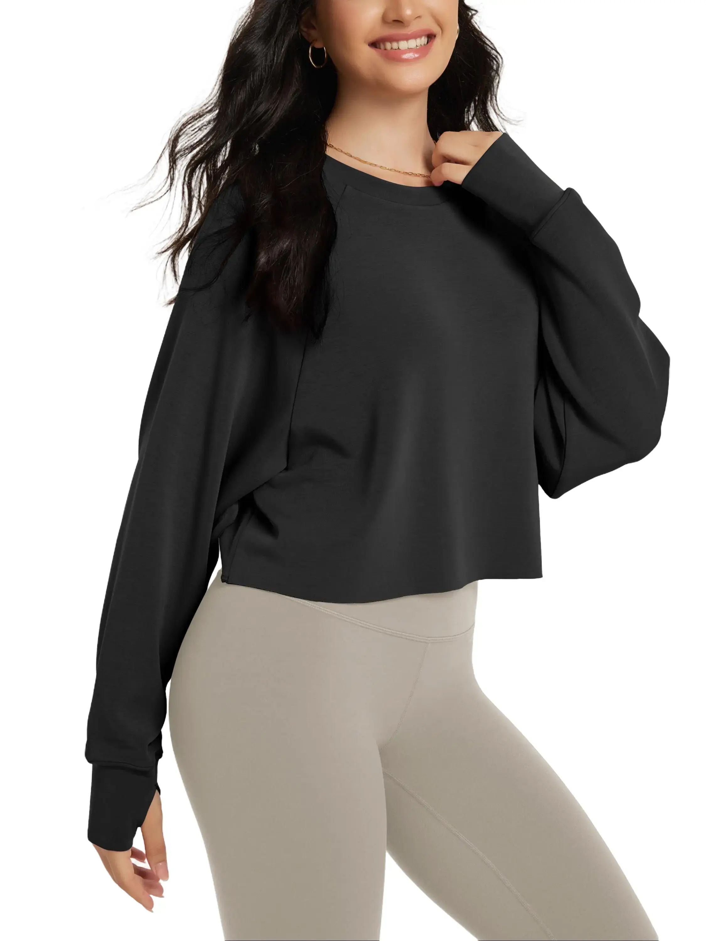ODODOS Modal Soft Long Sleeve Cropped Sweatshirts with Thumb Hole for Women Crew Neck Pullover Crop Top, Workout, Activewear, Polyester, Fabric, Athletic Apparel, Round Neck, Basic, Slimming, Sporty Chic