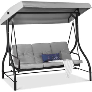 3-Seat Outdoor Large Converting Canopy Swing Glider, Patio Hammock Lounge Chair for Porch, Backyard w/Flatbed, Adjustable Shade, Removable Cushions