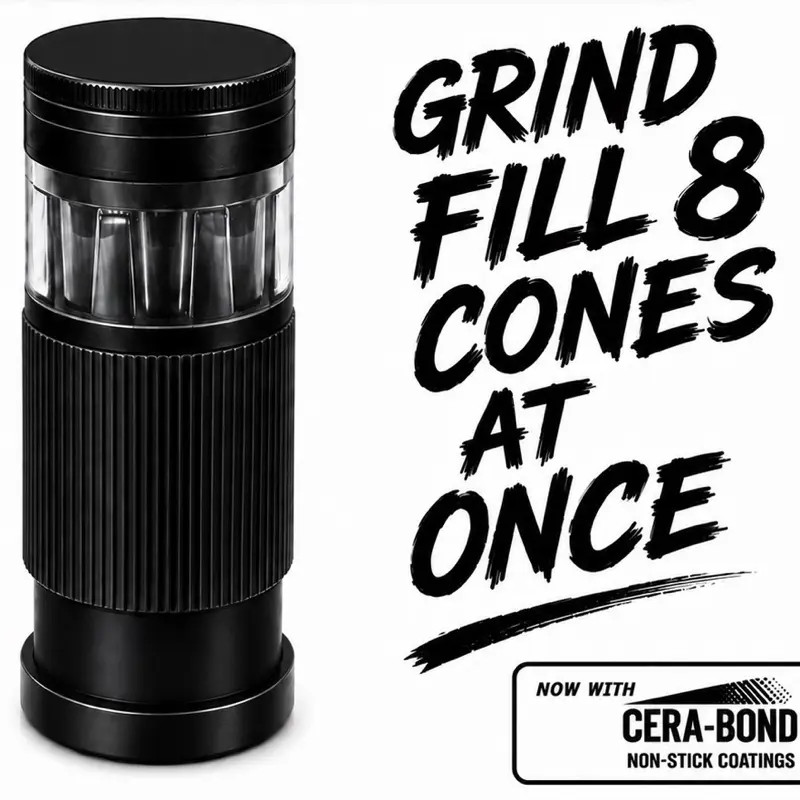 8 Shooter Precision Cone Filling Tool, 8 Paper Cones Filler, 8 Slot Fill System, Non-Stick Cera Bond Coat, CNC Machined Anodized Aluminum, Precision Diamond Teeth Mill, Heavy-Duty Construction, Consistent Fill Performance - Black