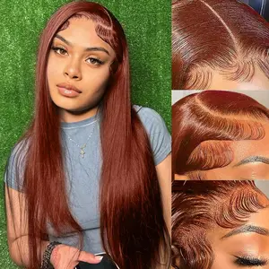 Bling Hair Reddish Brown Straight 13x4 13x6 Transparent Lace Front Wigs Human Hair #33 Red Brown Colored Lace Frontal Wig Pre-plucked Straight HD Lace Wig Human Hair