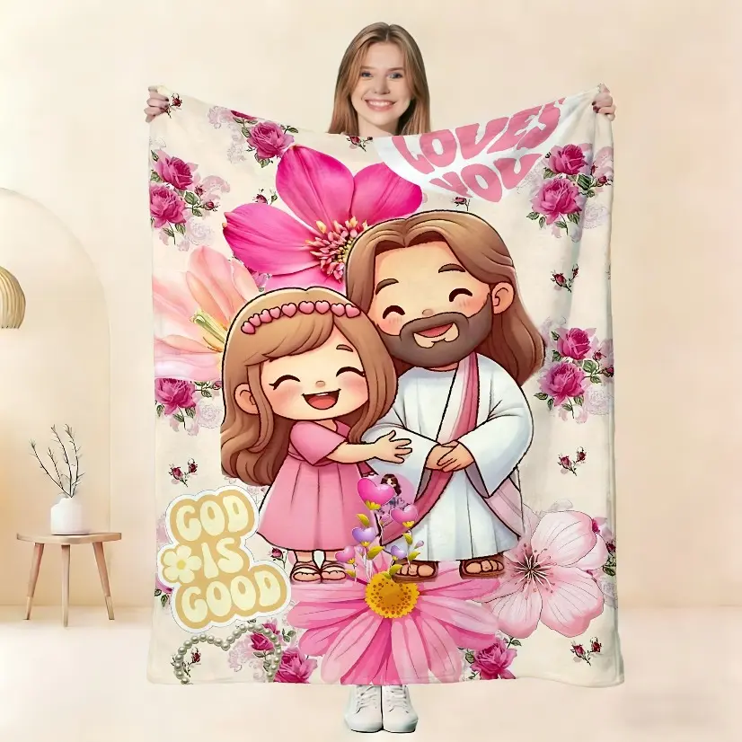Jesus Floral Pattern Flannel Blanket God Loves The World Theme Religious Blanket Home Leisure Warm Bedroom Sofa Throw Comfortable Soft Skin Friendly Blanket Gift