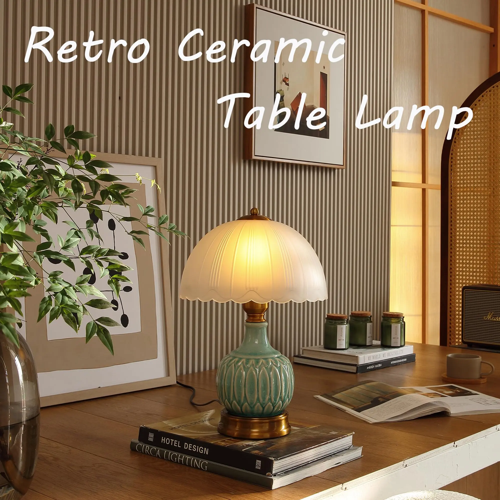 Table Lamps Ceramic Retro Lamp for Living Room,15" Modern Bedside Nightstand Traditional Lamps, Classic Chinoiserie Green Glass Lamp for Home perfect Halloween Party and Holiday Gifts