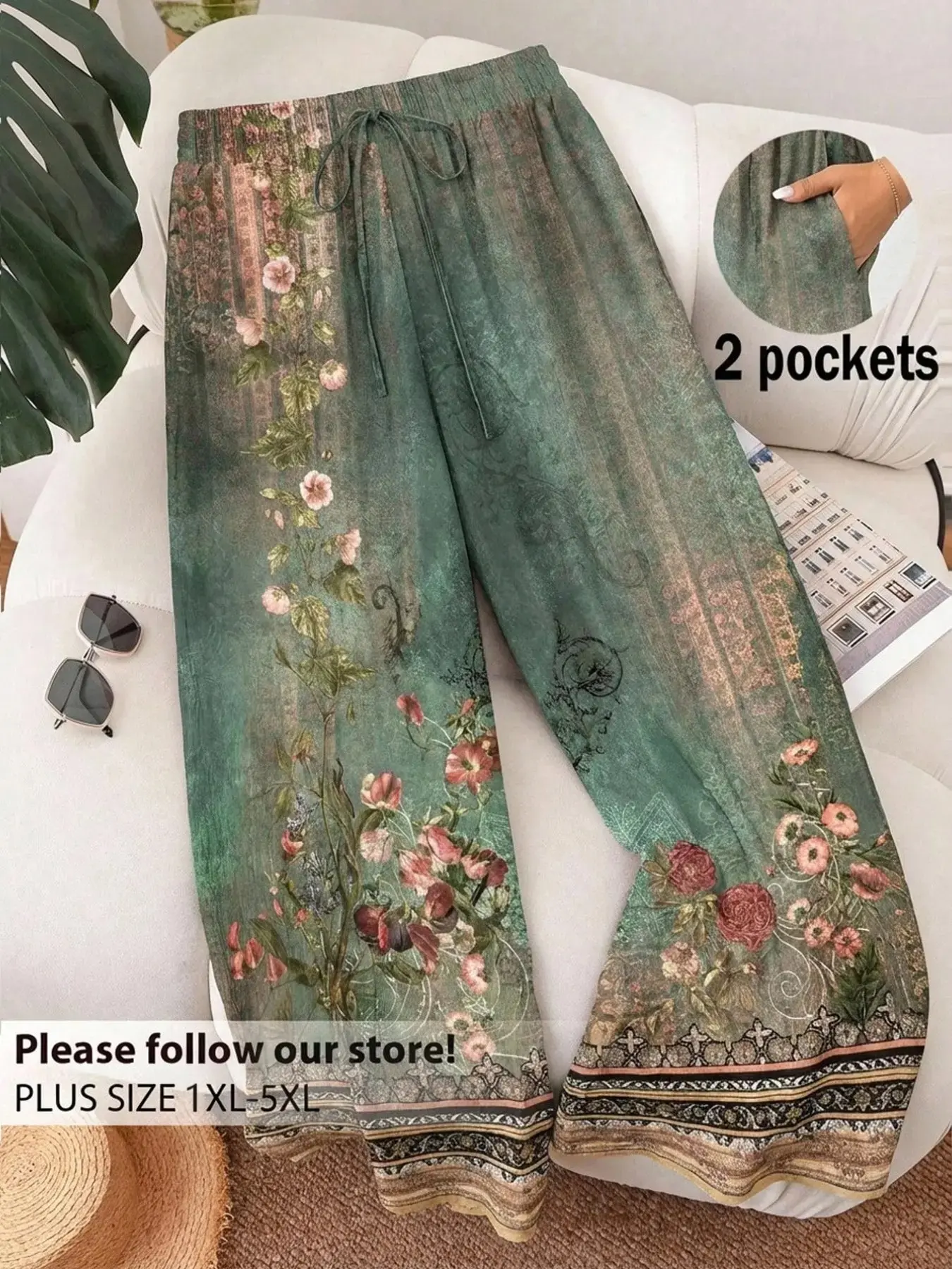 Plus Size Floral Print Bohemian Wide-Leg Pants, Casual Adjustable Drawstring Waist, Lightweight Breathable Fabric, Y2K Summer Vacation Outfits, Relaxed Fit, Stylish Border Detail Beach Wear