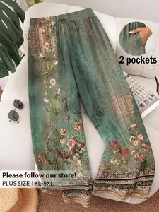 Plus Size Floral Print Bohemian Wide-Leg Pants Casual Drawstring Waist Boho Trousers, Lightweight Breathable Fabric, Y2K Clothes Summer Vacation Outfits, Trendy Retro Bottoms, Comfortable Relaxed Fit Casual Pants, Stylish Border Detail Beach Wear
