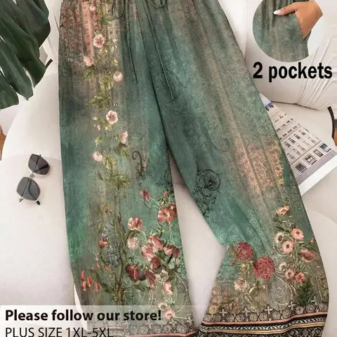 Plus Size Floral Print Bohemian Wide-Leg Pants, Loose Fitting Bottoms, Casual Adjustable Drawstring Waist, Lightweight Breathable Fabric, Y2K Summer Vacation Outfits, Relaxed Fit, Stylish Border Detail Beach Wear