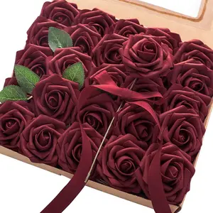 Artificial Flowers 25pcs Real Looking Burgundy Foam Fake Roses with Stems for DIY Wedding Bouquets Red Bridal Shower Centerpieces Party Decorations