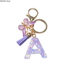 Cross-border A-Z English letter resin keychain Purple butterfly tassel pendant Women's bag pendant keychain