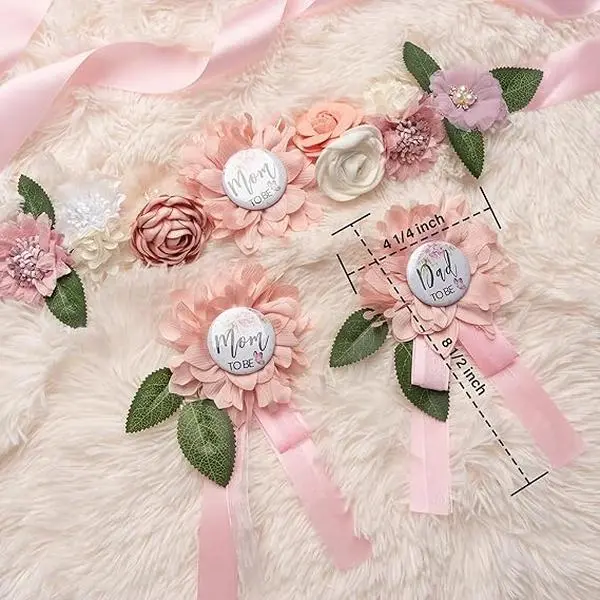 Baby Shower Flower Sash Belt Set - 1x 70 inches/180 cm Belt with Pearls & Beautiful Flowers, Mom-to-Be Corsage, Dad-to-Be Pin, Maternity Dress Accessory, Gender Reveal Photo Prop