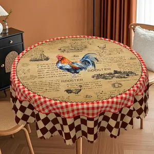 1pc Rustic Red Buffalo Plaid Farmhouse Chic Rooster Print Tablecloth, Round/Rectangular Shapes Available, Kitchen Table Cover, Rooster Farmhouse Kitchen Decor, Thanksgiving Home Decor, and Holiday Gifts table  linens
