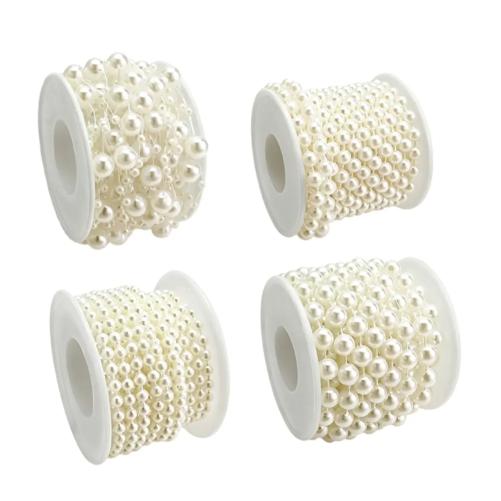 4 Rolls Ivory Faux Pearls String Garland, 4mm/6mm/8mm/8+3mm Faux Pearl Beads Roll Strand for Crafts, Artificial Pearls Chain Trim, DIY Crafts, Ideal for Wedding, Party, Bouquet, Valentine, Christmas, Home Decoration