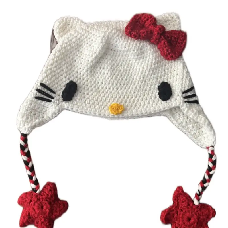 White Cat Crocheted Earflap Beanie with Red Bow and Black Accents for Adorable Winter Wear
