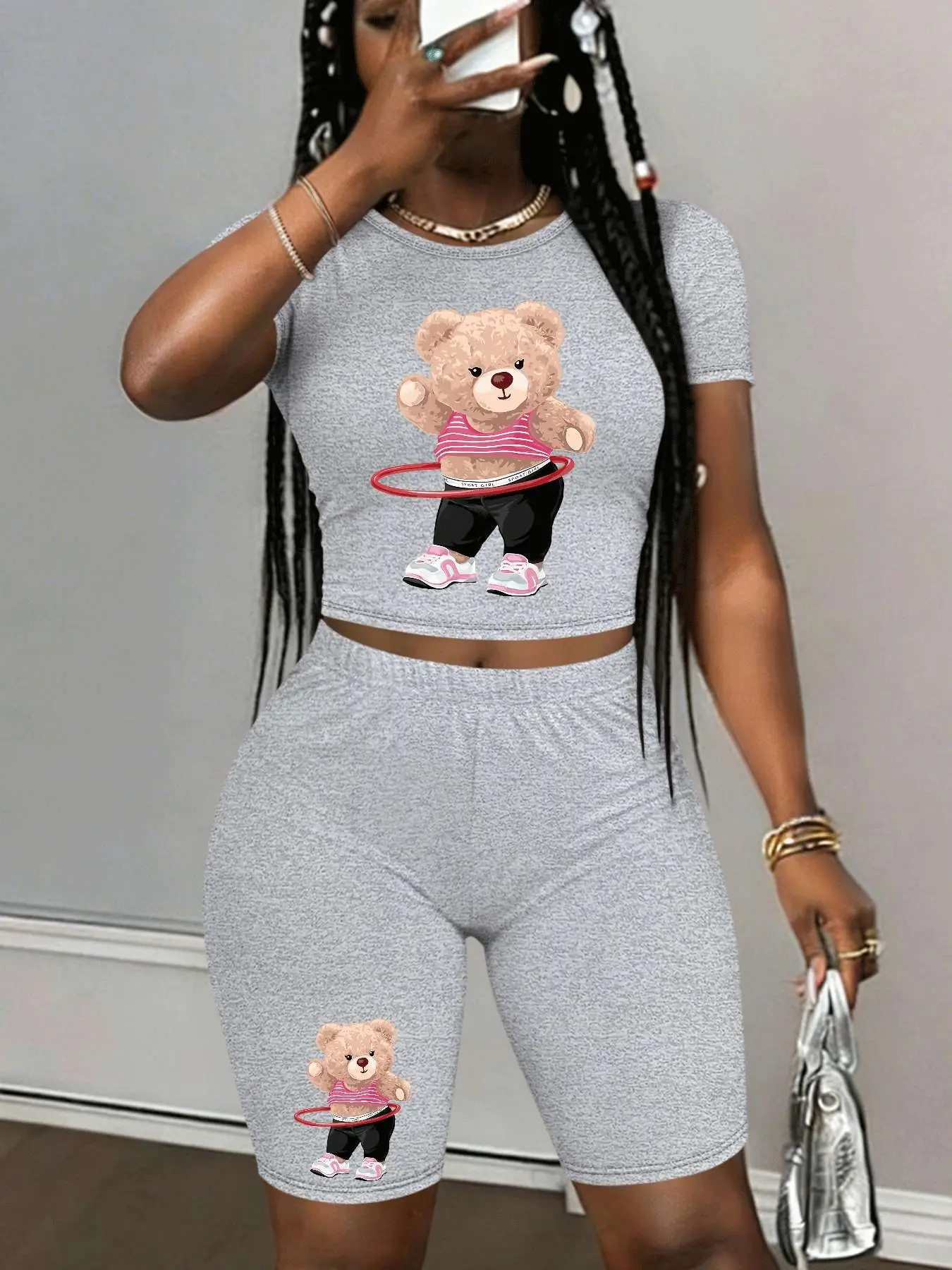 Personalized print patterns Two-Piece Set Women's Lip Print Short Sleeve Crop Top & Skinny Fit Shorts, Casual Fashion Cozy Round Neck Tee & Jumpsuit for Daily Outdoor Wear, Ladies Clothes for Spring, Overalls, Womenswear