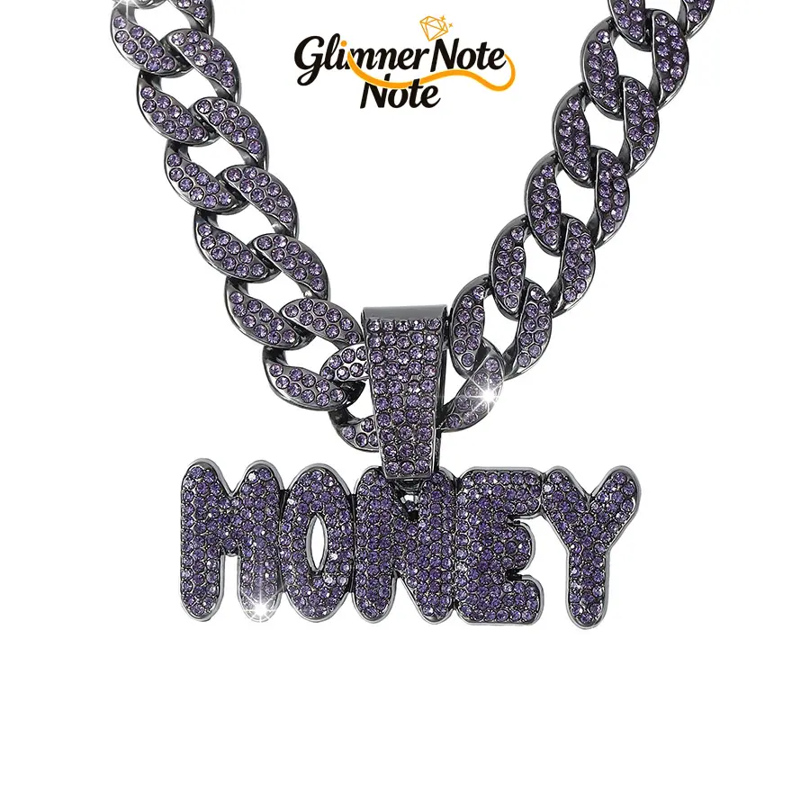 Cuban Link Chain Necklace for Men 17.72in Anti-Tarnish Purple Iced Out Pave 3D Money Pendant Hip Hop Rhinestone Jewelry Streetwear Outfits Skate Park Accessory