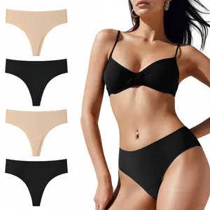 HOTCOM Women’s Seamless High-Waist Thongs 4-Pack – Minimalist No-Show Womenswear Basics, Soft Breathable Nylon (2 Black, 2 Skin)