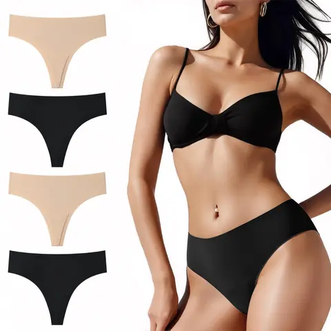 HOTCOM Women’s Seamless High-Waist Thongs 4-Pack – Minimalist No-Show Womenswear Basics, Soft Breathable Nylon (2 Black, 2 Skin)