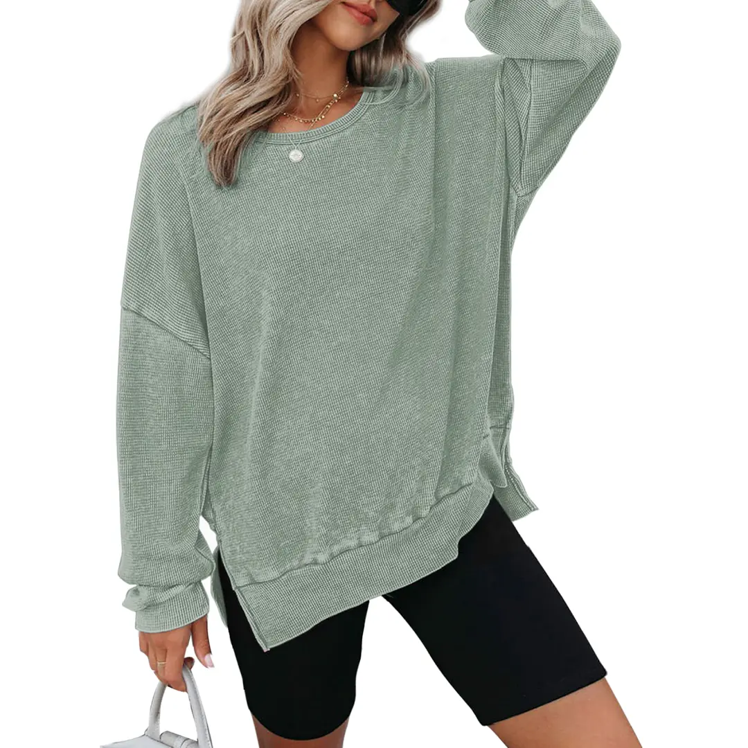 Dokotoo Womens Oversized Waffle Knit Crewneck Sweatshirts Long Sleeve Side Slits Casual Pullover Sweatshirt Tops