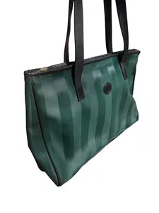Pre-owned FENDI Coated Canvas Zippered Tote Green Pequin Striped Tote