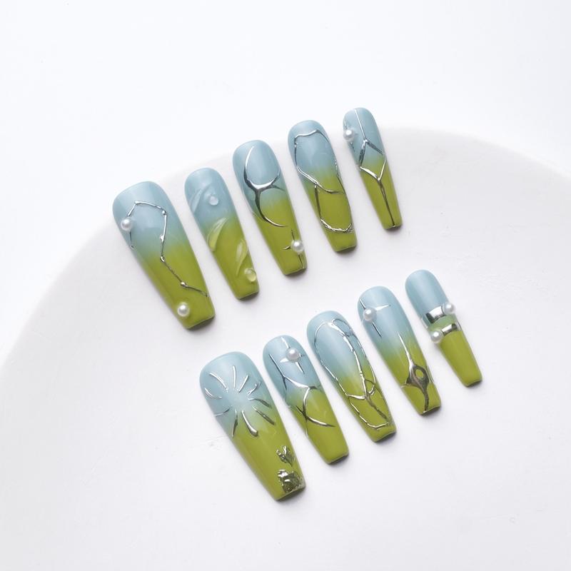 HJElegance Morning Garden coffin press on nails: soft blue-green shares with silver lines and pearl accents, natural elegance, shimmering glitter