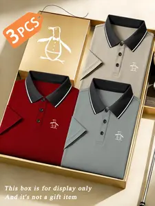 Men's Quick-Dry Polo Shirt Set, Penguin Print, Breathable and Comfortable, Sporty Style, Short Sleeve, Fitted, Geometric Pattern