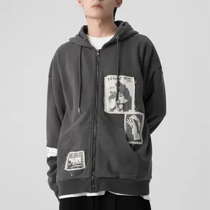 Wrecking Patch Zipper Hoodie Loose Fabric Menswear Sleeve Sweater Sweatshirts Collar
