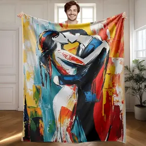 1 piece Romantic Kiss Couple Oil Painting Art themed flannel blanket - Super soft fluffy flannel sofa blanket, suitable for beds and sofas, all-season use, modern design, digital printing, 100% polyester material, machine washable, suitable for