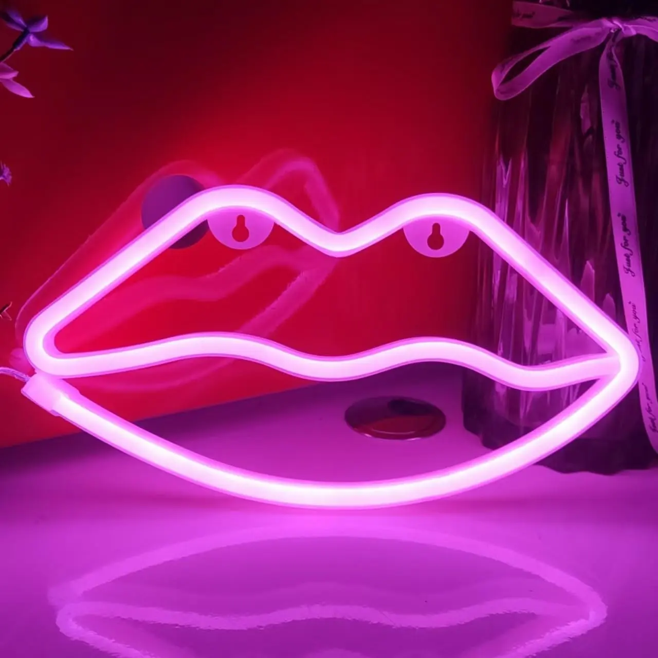 Lip Neon Sign,USB or 3-AA Battery Powered Neon Light,LED Table Decoration,Bedroom Wall Decoration,Birthday Gift,Wedding Supplies Business Gift (Pink), Battery Light Signs, Glow Light Signs